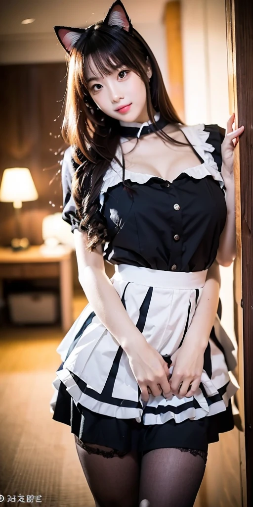 (1young girlrown hair, Amazing face and eyes, Pink eyes, seducting smile, (Maid café costume with frills, Pleated mini-skirt:1.5), (Wide open maid cafe costume:1.2), bared chest, (amazingly beautiful girl), Brown hair, Stylish hair ornamen Quality:1.4), (Ultra-detailed), (extremely detailed CG unified 8k wallpaper), Highly detailed, High-definition raw color photos, Professional Photography, depth of fields, (View from below),