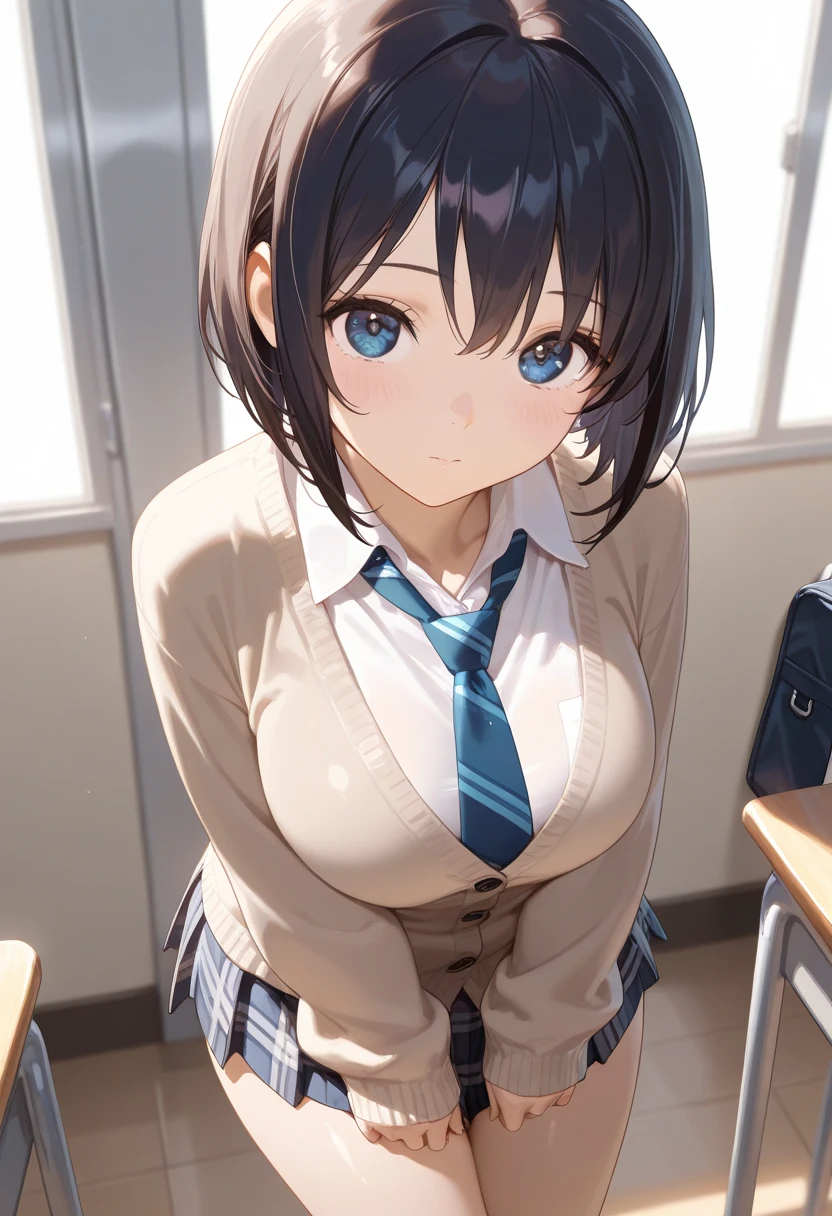 masterpiece,highest quality,(Super detailed),masterpiece,Depth of written boundary,perfect sentence, Detailed CG,Super detailed,(highly detailed eyes,very cute face,highly detailed face:1.3),beautiful anime girl,(solo girl:1.5),big breasts,smile full of joy,open your mouth,show viewer,throw,(Stretch your hands forward:1.3),break,black hair,short hair,university uniform,white collared shirt,tie,pleated skirt,indoor