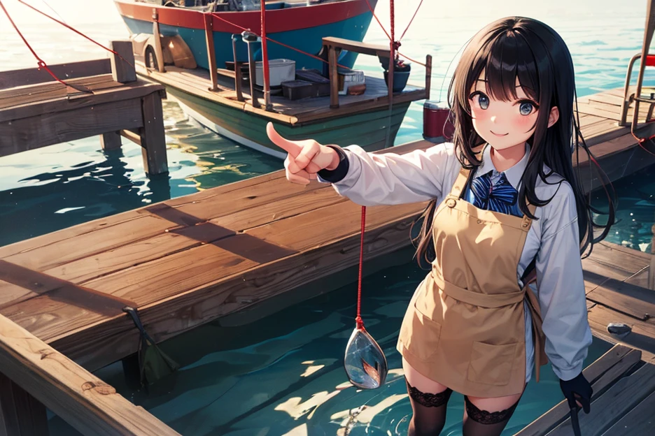 ((short body)), ((short body)), ((short body)), ((short body)), ((short body)), ((baby body)), Black hair with straight bangs and a ponytail with a red band, big round brown eyes, slightly blushed cheeks, smiling expression, wearing a striped yellow and blue shirt, blue overalls, white shoes with gray soles ocean, palms, sand, sun, ((with a big cock)), (ballsack), (steaming coming from her cock),