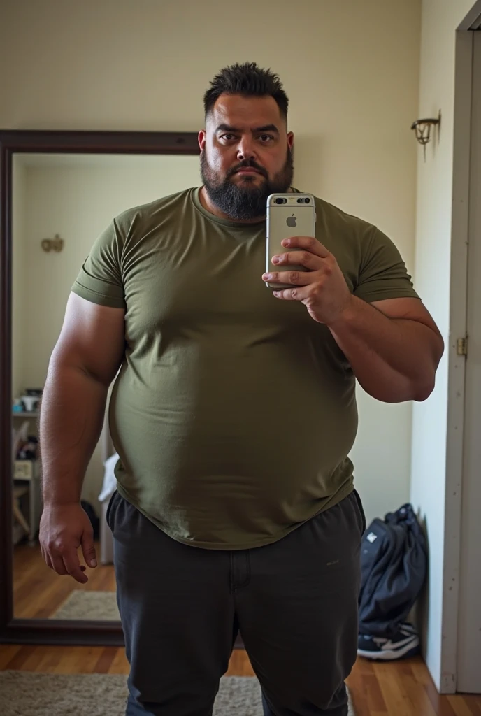 Muscular, broad-shouldered, black-haired, shaved, black-beard, oiled, overweight body, hairy body, white-skinned young man wearing white shorts, taking a selfie in the mirror