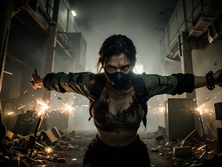 A determined, muscular woman with a determined expression, is in the midst of a fierce struggle against a decaying, grotesque zombie. She is lunging forward, knife raised, aiming for the zombie's head. The zombie, with a gaping maw and exposed brain, is reaching out with clawed hands, trying to grab her. Dramatic, low-light setting, gritty urban environment, rain-slicked pavement, neon signs in the background, detailed character expressions, realistic gore, cinematic lighting, 8k, hyperrealistic.