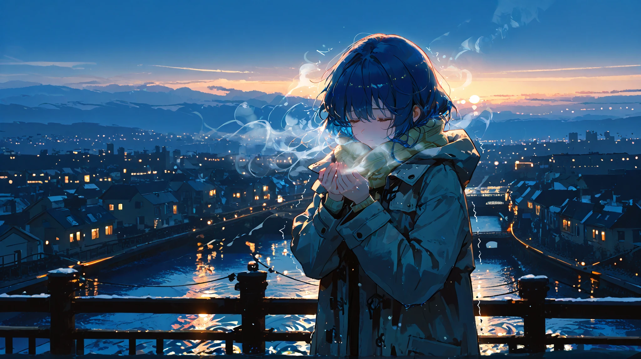 1girl, standing alone on a bridge before sunrise, faint mist over a quiet river, distant city lights reflecting on water, cold wind, closed eyes, slightly trembling hands, wearing a long coat, atmosphere of healing and loneliness, symbolic threshold,blue hair
