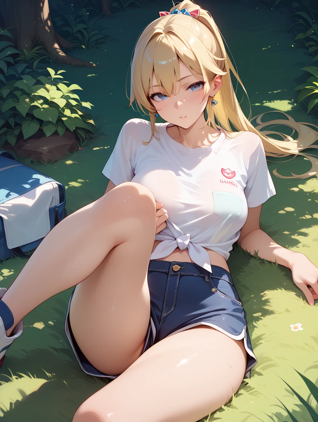 (masterpiece、top-quality、high resolution、Photorealsitic:1.2)、detailed faces and eyes、beautiful face、blue open sky, Realistic pupils、ultra detailed background、18 year old beautiful girl、ponytail, white hair, Shiny hair、Dynamic Poses、(light smile)、Teary-eyes, in the woods, sitting, full body, earrings, ((nipples)) , black sports shoes, light ray, bright sun, (blush) , embarrassed, early evening, breast view, low angle, from below, (medium breasts), ((short black mini skirt)), (thighs thighs),