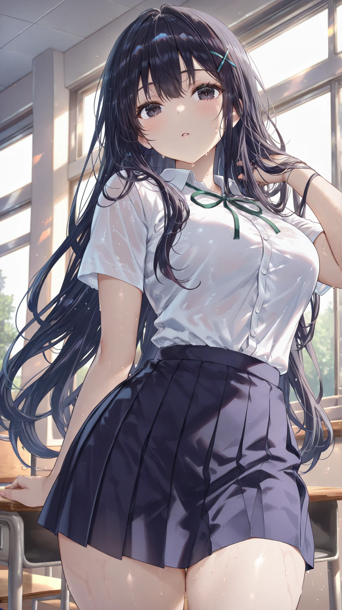 ((best quality))(masterpiece)(details)wearing a dark blue skirt that shows her thighs、Girl wearing a Y-shirt with small white buttons、It has a thin green ribbon、long hair、dark eyes、black hair、Classroom、Sweating