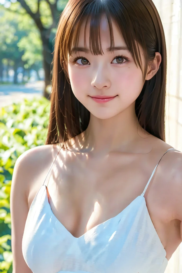 masutepiece, Best Quality, Illustration, Ultra-detailed, finely detail, hight resolution, 8K Wallpaper, Perfect dynamic composition, Beautiful detailed eyes, Women's Fashion Summer,Ponytail hair,Small breasts natural color lip, Bold sexy poses,Smile,Harajuku、20 years girl、Cute、Sexy shot looking at camera