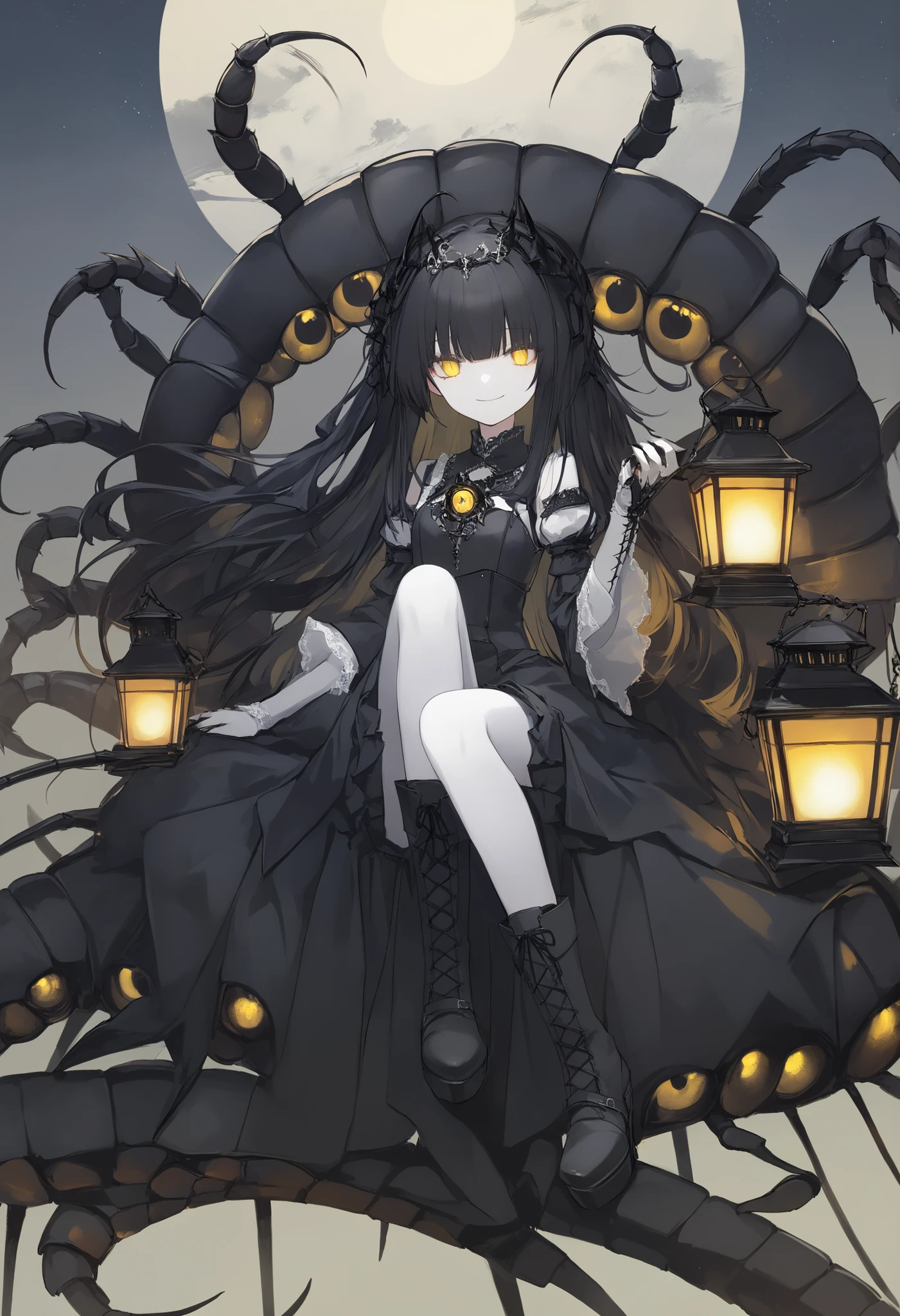 A girl sitting on a big centipede. Black hair. Long hair. Yellow eyes. Ironic smile. White skin. Armored arms. Sharp claws. Black gothic dress. Black metal boots. Lantern in hand. Centipede kaiju. Centipede lifting its head. Multiple eyes. Insect legs.