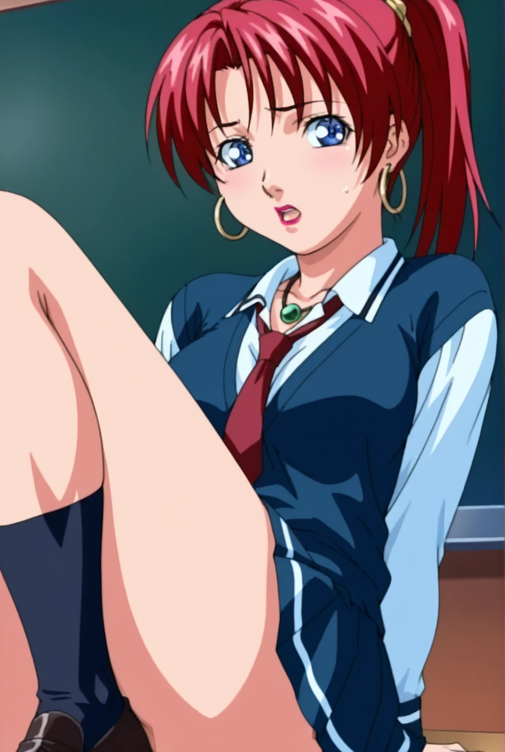 kyoko,score_9,score_8_upper,score_7_upper,sauce_アニメ,One girl,alone,View your viewers,Wooden school building,Pink Sweater,White collared shirt,length_skirt,blue skirt,Spread your legs,Dew panties,squat,Sad face,:d,arms_behind_return,urination、toilet、Take off your panties、pubic hair、Semen dripping from the crotch、