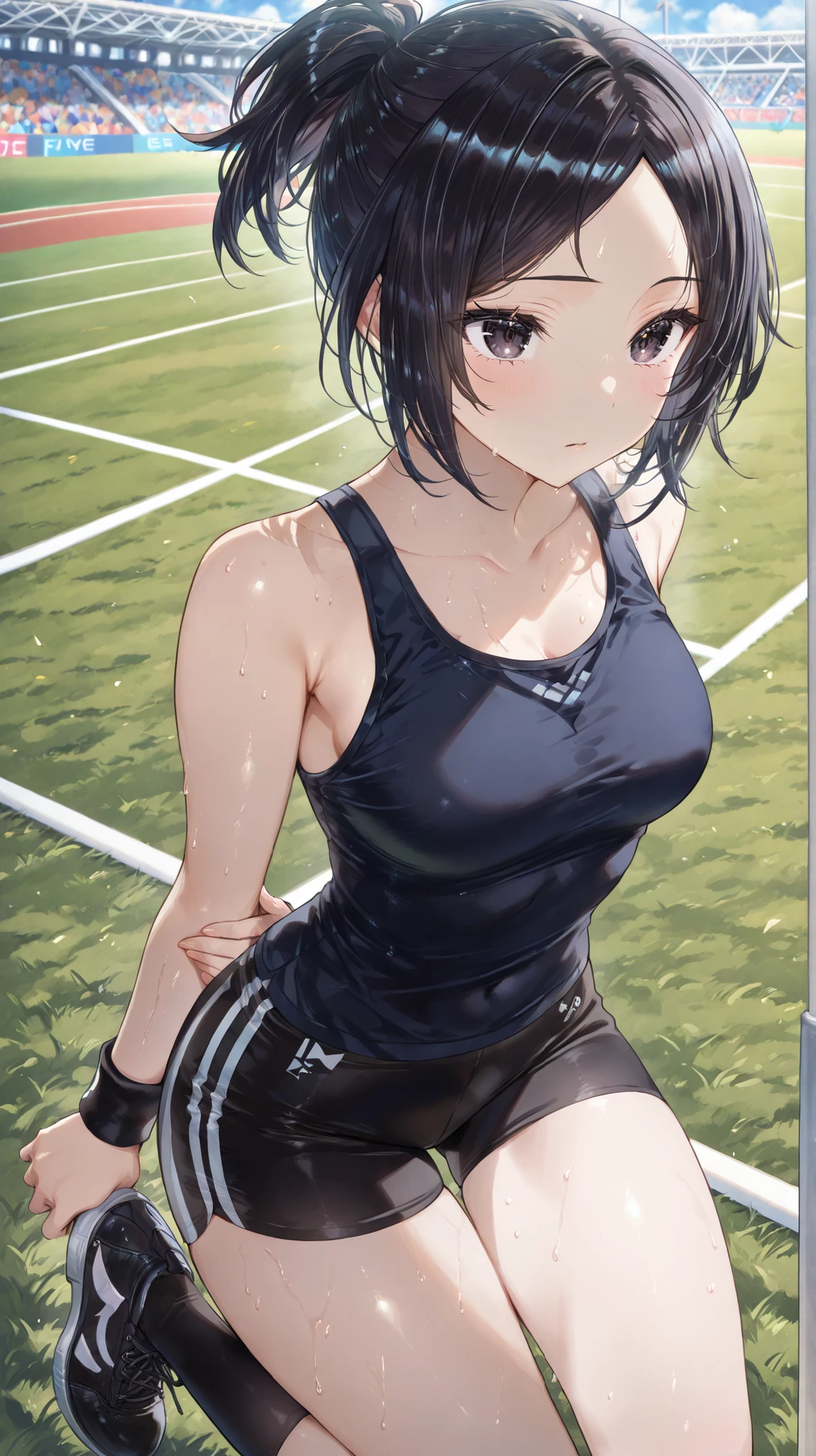 Realistic,、One wall, Wide Angle,1girl in、Black ponytail, Shy, embarrassed, blushed, Wide Angle, POV, From  above, llight rays, Glow, (masutepiece), 18year old、face to the viewer、Bring your chest together、Focus on the chest、Tennis Wear、Small udder、Beautiful nipples、Lift Shirt