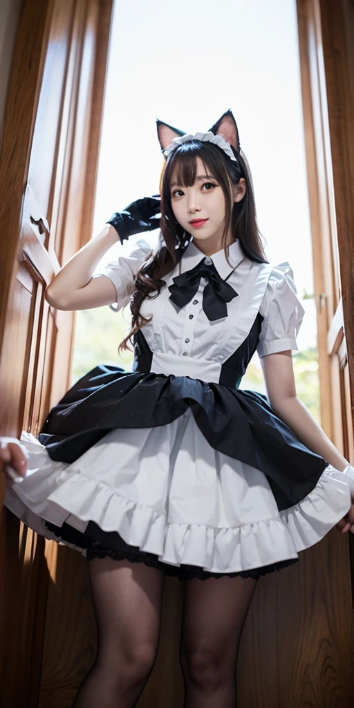 Black Hair、(Full body portrait:1.5)、19 years old、Slim and flat chested、smile、Smiling with teeth showing、Small breasts、Highest quality,masterpiece,Ultra-high resolution,(Actual:1.4),Original photo,Ultra-high resolution,8K,There are also women,Gothic Lolita Uniform、Maid Costume Cosplay、Beautiful scenery、With confidence, Beautiful and generous,Roll up your skirt to show your panties、