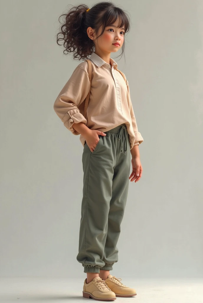A dark, barefoot boy, with straight hair, orange shirt and gray pants. He is stopped