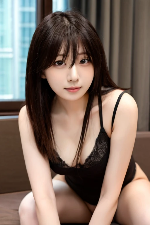 highres, ultra detailed, photorealistic, 1 beautiful japanese girl, highly detailed beautiful face, on all fours, sexy pose, bewitching pose, medium hair, shy, bra, panties, stylish hotel room