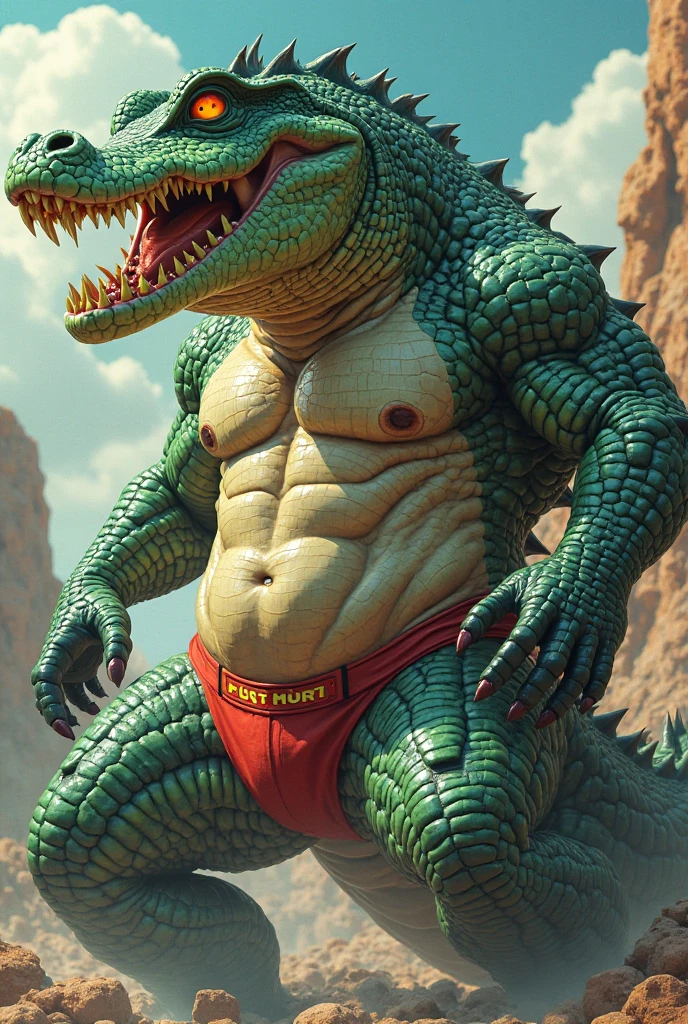 cute, (Obese, Overweight male, anthro, crocodile), (detailed eyes, detailed mouth), no hair, smooth, nude, luminiscent yellow eyes, bright lighting, background effects, perfect face, centered, approaching perfection, dynamic, highly detailed, sharp focus, intricate details, field, blue and white striped boxers