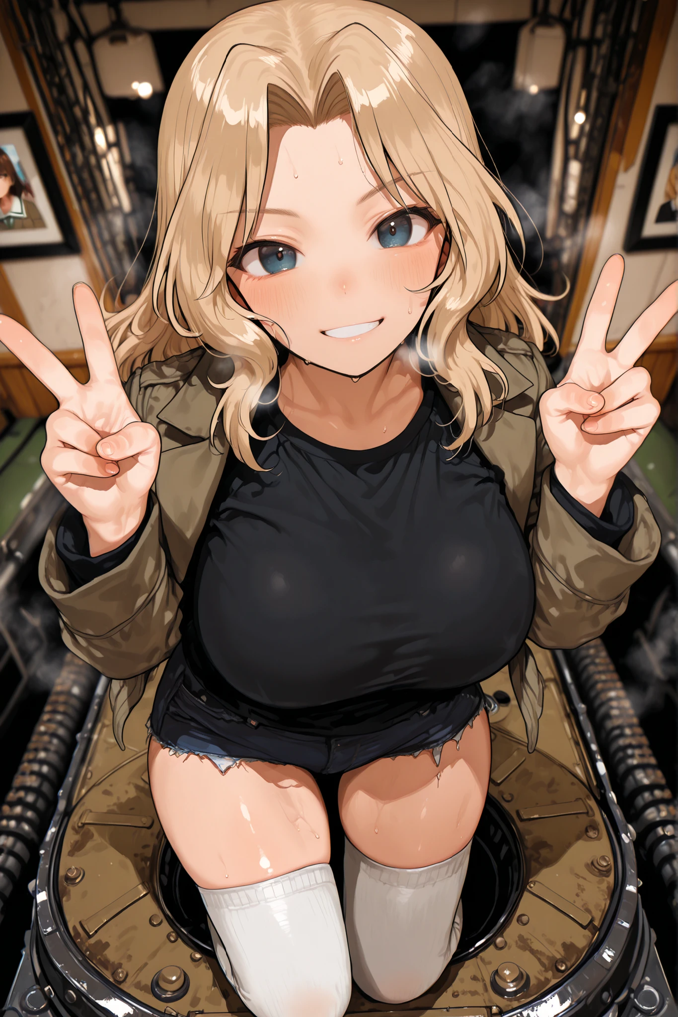 Beautiful breasts , beautiful detailed eyes, game cg, break,(artist: kazutake _hazano ),artist: Fujiyama ,artist: Syllabi , break,(masterpiece), ( top quality ), ( ultra detail ),( detailed lighting ), very aesthetic , up to date, BEAUTY ILLUSTRATION , super detailed skins, (masterpiece), ( top quality ), ( ultra detail ), very aesthetic lighting,up to date ,hi resolution, absurd_resolution, digital media (artwork), realistic lighting , 16k, 8k,highresolution, official_art, photoshop_ ((Incarnate detail)) ((Masterpiece)) ((Highest quality)), 1girl, masterpiece, high quality, best quality, detailed eyes, detailed hair, detailed skin, steaming, (large breasts) , (huge breasts), 8K, fine detail, (masterpiece:1.2, top quality), detailed background, masterpiece, Rutting Eyes, looking at viewer, steaming, blond hair, enokido style, RaaramiStyle, steaming, sweat, steaming, looking at viewer, blue eyes, steaming ,1girl, (todd), Red._(artstyle), ((2.5d)), smooth shading, (detailed), smile, sweat, girls und panzer, (((kay from girls und panzer))), full body, white knee-high socks, dark brown military jacket, black T-shirt, very short jeans, (on tank), (on panzer), (v sign), photo shot, in photo, ((photo frame))