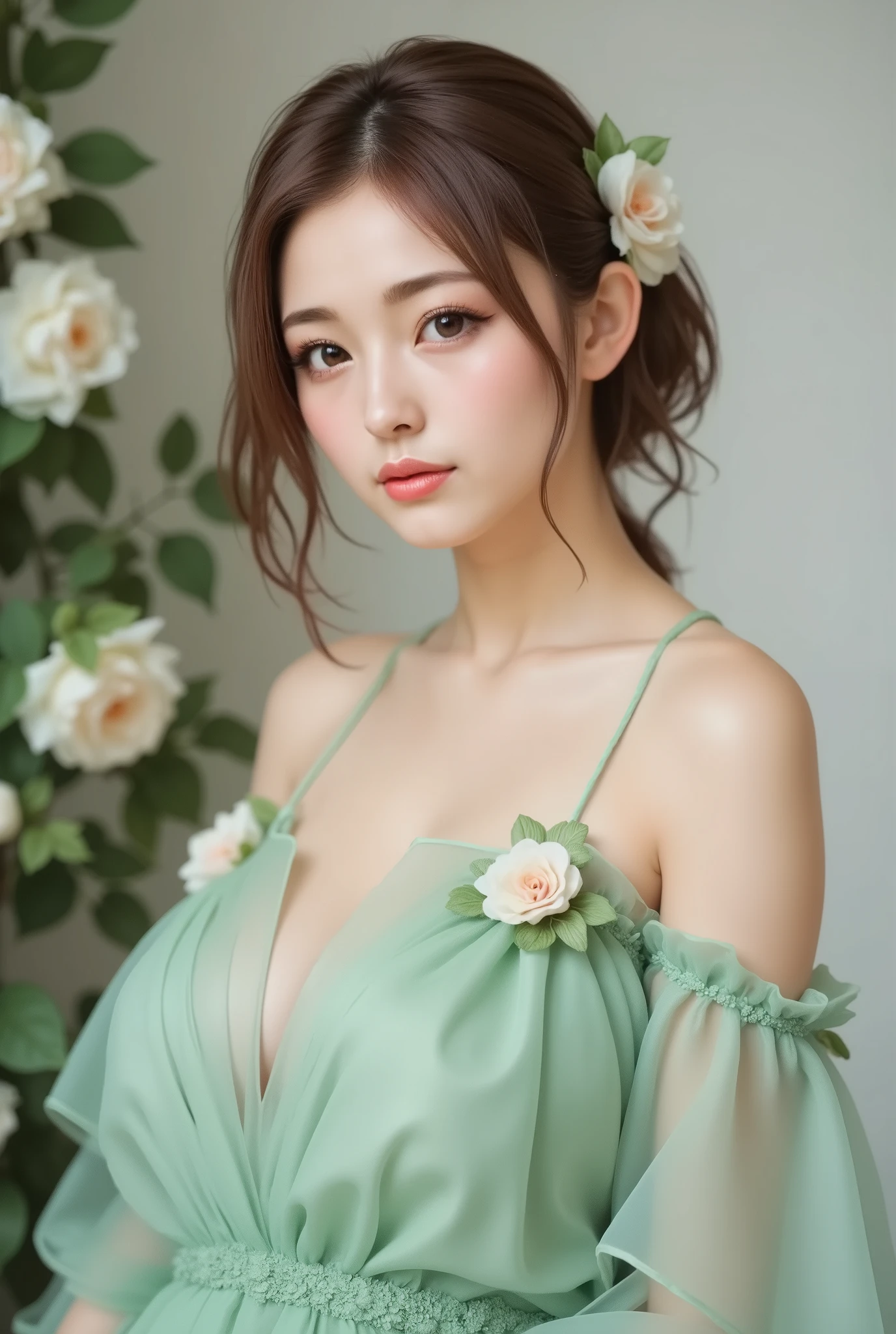 arafed woman in a green dress with flowers in her hair, jingna zhang, ethereal beauty, inspired by Gao Qipei, pastel green, dreamy and ethereal, very ethereal, incredibly ethereal, ethereal!!!!!!!, by Cheng Jiasui, inspired by Yanjun Cheng, inspired by Gao Cen, ethereal and dreamy, yanjun chengt