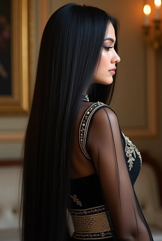 **Highly stylized and artistic image featuring a beautiful transparent woman with well-defined margins, depicted in profile against a black background. Her hair is intricately adorned with numerous shiny, silver-like locks that cascade down her back, creating a luxurious and elegant appearance. She wears large dangling earrings that match the shiny quality of her hair ornaments. Her facial features are soft and refined, with a subtle and confident expression. The overall composition is elegant and sophisticated, emphasizing the contrast between the dark background and the shiny elements**