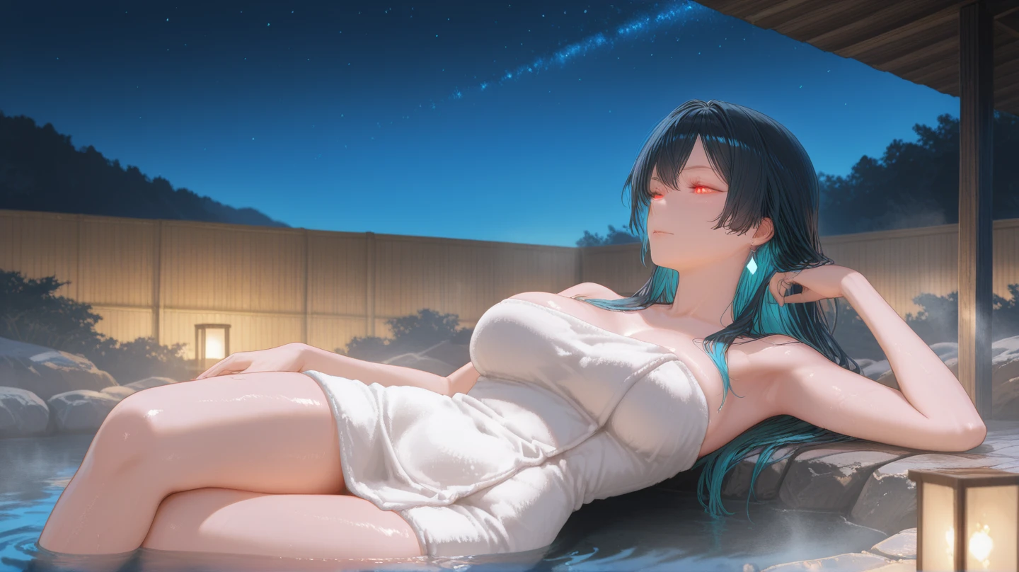 nsfw, completely nude, partially submerged, masterpiece, best quality, 1girl, solo, white hair, red eyes, huge breasts, , narrow waist, wide hips, toned, hourglass body shape, smug, jacuzzi, terrace, night, sea, wine glass, come hither, looking at viewer, inviting