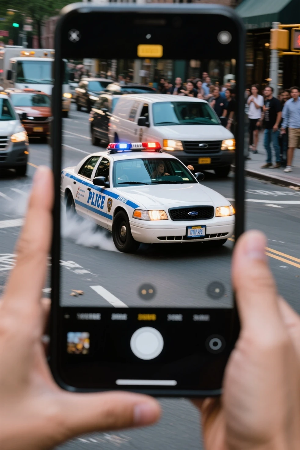 At the scene of a traffic accident, a police traffic forensics team is taking photos of a car, a police motorcycle officer is directing traffic, and onlookers are gathered around, taking photos with their smartphones, Generated in SFW