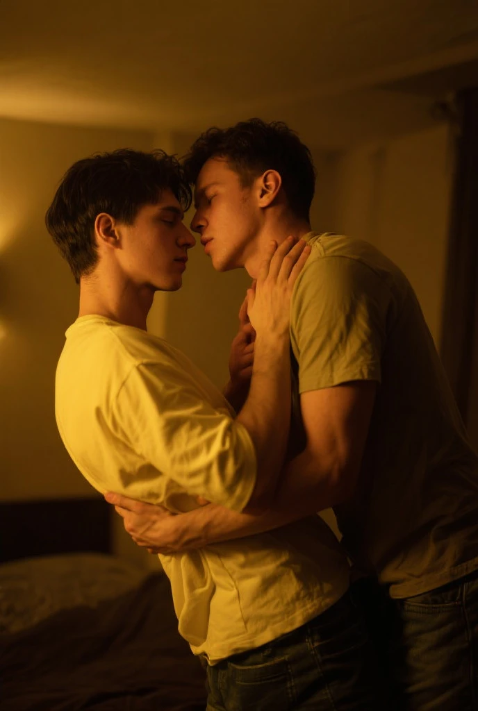 Add very skinny shirtless gay , kissing on the mouth with tongue, hugging him and fondling him, In a bed