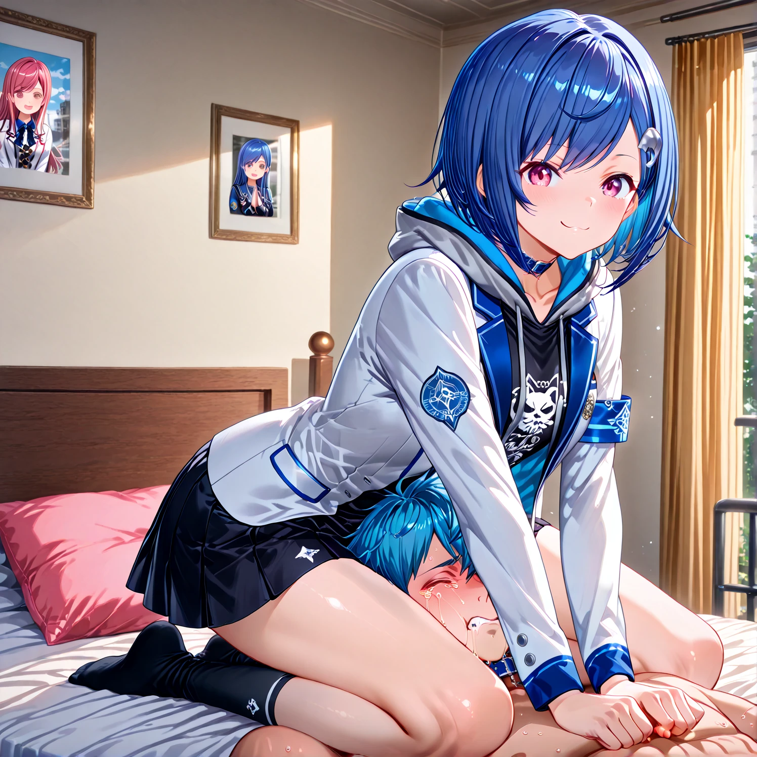 (masterpiece, highest quality), 1 girl, (ALGL:1), (ALGLZion, Zion:1), (Zion hair:1), (Zion eyes:1), chest, medium chest, large chest, underboob, All limbs, full finger, Looking at the audience, Cowboy Shot, Maid clothes,Skirt flip, Crop top, Black clothes, One girl,Embarrassing, bed, on back, lying,no panties,full body,vegina is nude,lower body is nude,no skirt,no dress,camera angle from above