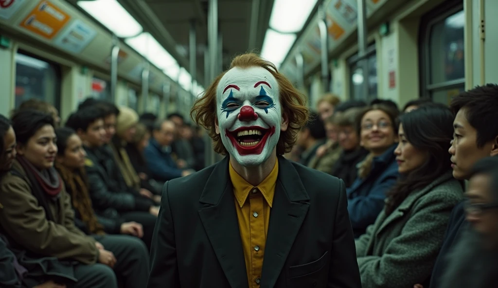 Clown sitting inside a subway talking to a giant crow that has a bloody eye in its beak, many people around