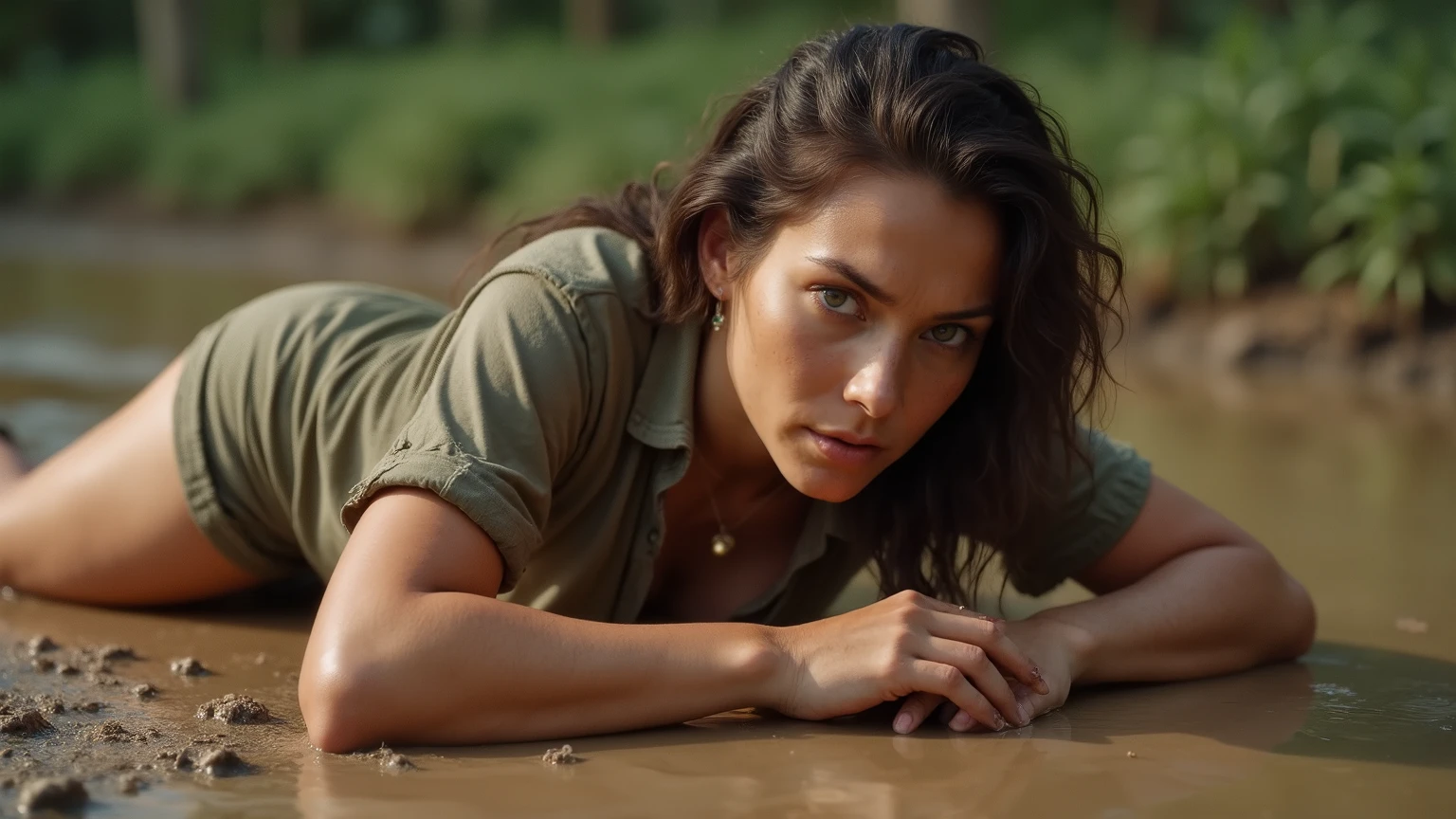 (masterpiece, best quality:1.2), cowboy shot, 2girl, 27 yo businesswomen, smile, looking at viewer, pencil skirt, belt, white blouse, jacket wet clothes, soaked, dripping wet, wet hair, wet skin, translucent, glistening with oil, fully clothed, wet muddy field, dripping with mud, muddy arms, muddy hair, lying in mud, submerged, covered all over, muddy face, muddy hair, wrestling in mud, struggling with each other, late at night, harsh lighting, spotlight