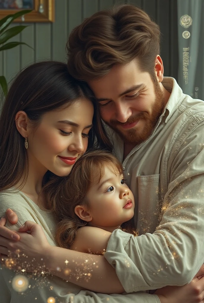 Image of a white-skinned woman with red hair and brown eyes with glasses and a light-skinned man without glasses with a beard and black hair with a slightly large nose and brown eyes ,carrying a 10-month-old baby with white skin, black hair and big eyes