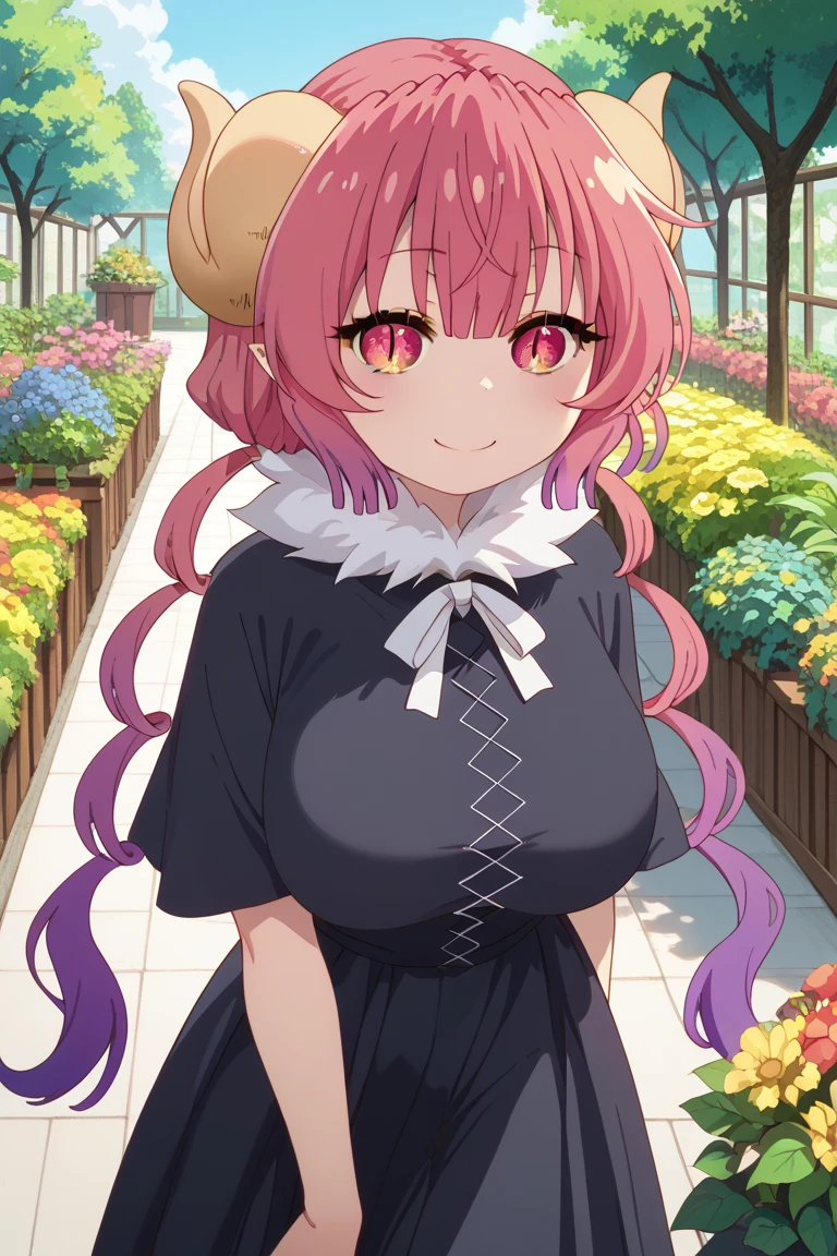 A pink haired woman with violet eyes with an hourglass figure in a cute summer dress is making sandwiches in the backyard with a big smile