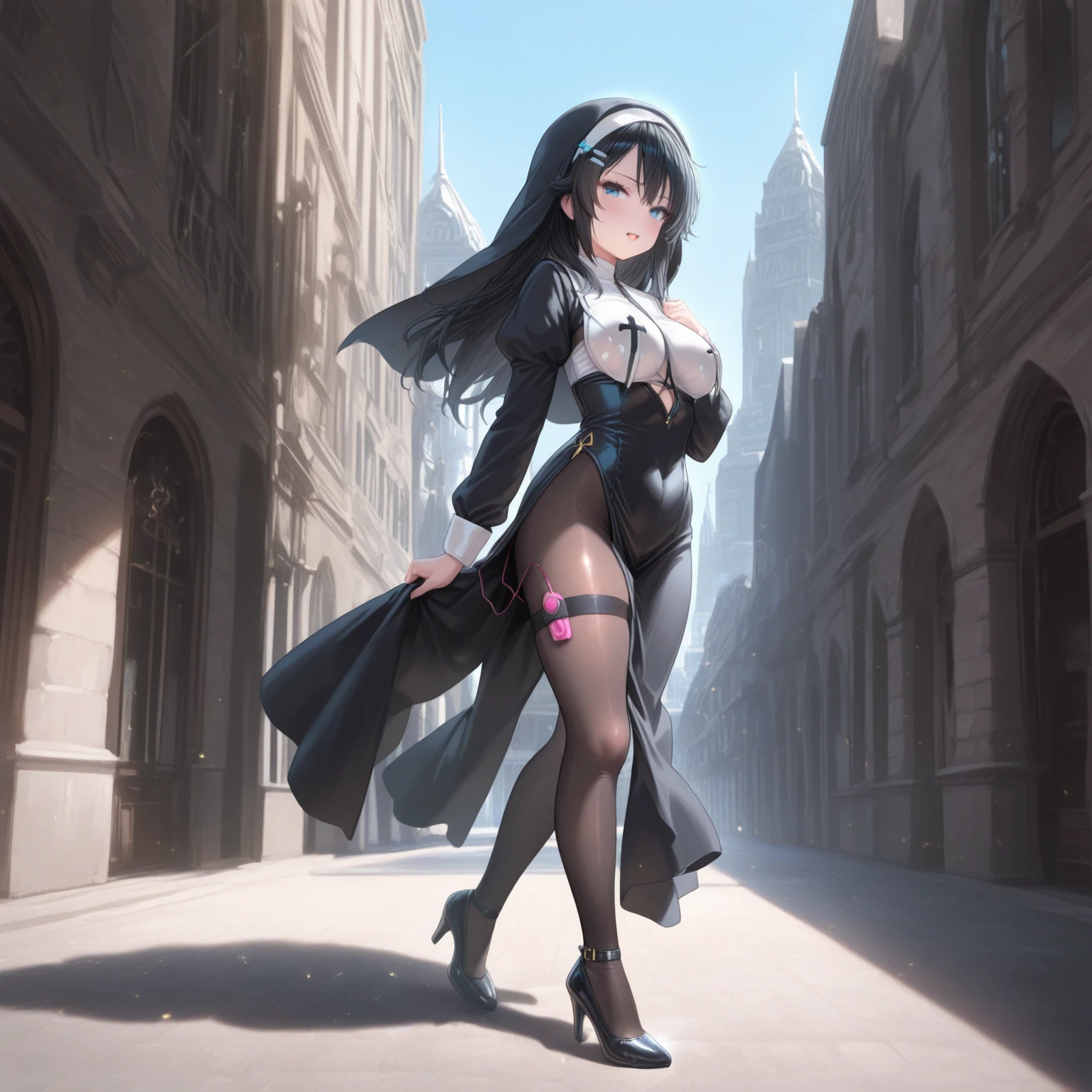 (Best Quality,incomparable masterpiece:1.4),CG 4k ultradetallado,4k,Masterpiece,Best Quality, high resolution, Best Quality, high resolution, (huge breasts:1.2), sky, from below, 1 girl, kasumi, detailed face, detailed eyes, black hair, black micro bikini, black wrist gloves, black choker, (looking away), lustful smile, whole body, black thigh high stockings, black high heels.
