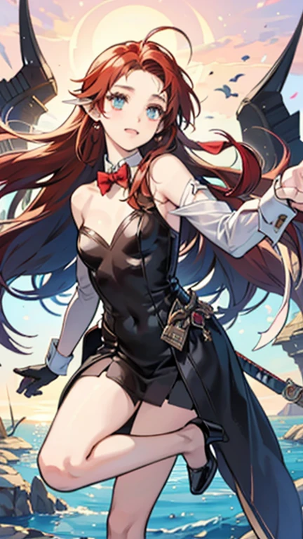 ((masterpiece: 1.2, best quality)), 1aldy, solo, brown brown hair, long hair, caramel brown eyes, toned body, wolf ears, wolf tail, black shorts, black training bra, medium chest(art nouveau: 1.3)
