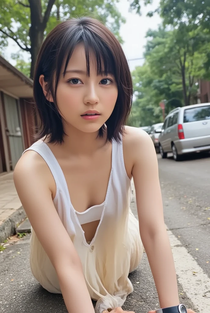 Professional photo-realistic images, (on green in sunset park), (No bra and wearing a white relaxed dress) A cute Japanese woman with fluffy short hair 20 years old, she is crouching, leaning forward, and placing her hands on her knees. the dress is hanging down from chest, her breasts and nipples are glimpse from the gap, She looks at me and blushes with a orgasmic seducing face. Composition from directly above, nsfw, remote_play, (flat chest:1.6)