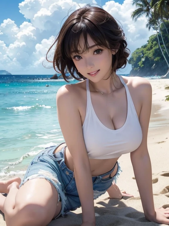 (Highest quality、masterpiece、High resolution、8K)、Vibrant colors、Young and beautiful woman 1、whole body、Brown and black short bob、barefoot、(Detailed face、Beautiful Eyes、Beautiful nose、Pretty lips)、Ample beautiful breasts、Beautiful cleavage、White tank top and shorts、Running on the beach、A refreshing smile、Digital Art、The background is the sea、blue sky、White waves and wide sandy beach、Wide forest、White Entrance Cloud、