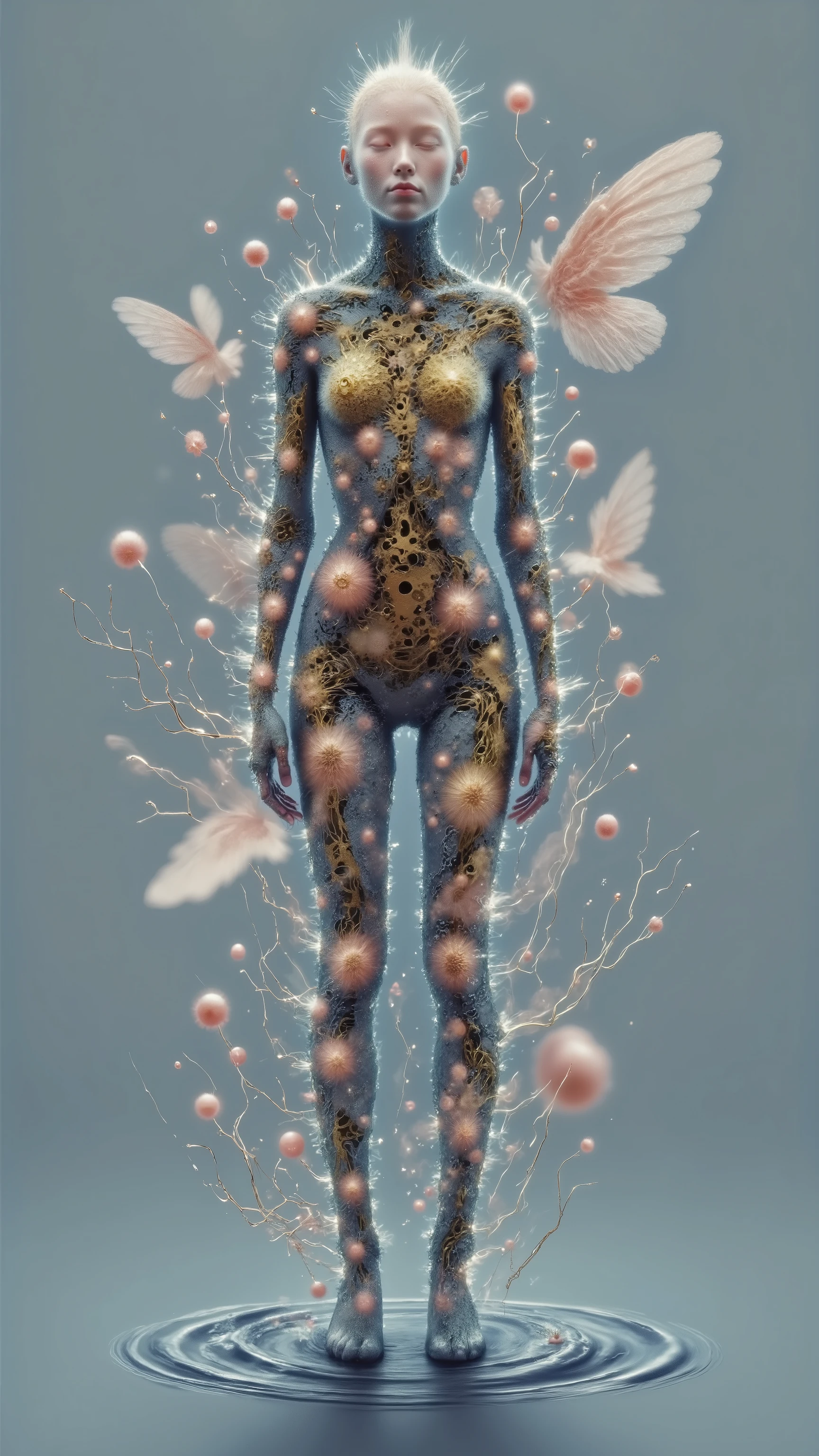 Fluttering around the android、Crunching figure with a sad expression。pale skin、delicateな幾何学模様の機械肢、A transparent mesh structure covers the body。Golden mechanical parts are dotted、Highlighting the complex structure。肩から垂れ下がる長くdelicateな繊維状の構造物、Shadow projected on the water。Pale pink particles、Fragile girl-type android。Calm water surface、Blue-gray background。Melancholy、Lonely mood。Digital Art、Cyberpunk、Mechanical beauty、SF。A mesh of 、Pointillism、Light学効果。 low angle、looking down point of view。delicateで美しい線、Light、Contrast of shadows。Technical 、artistic、Emotional。female、Young 、delicate、melancholy。Crouching posture、Silence、Loneliness。