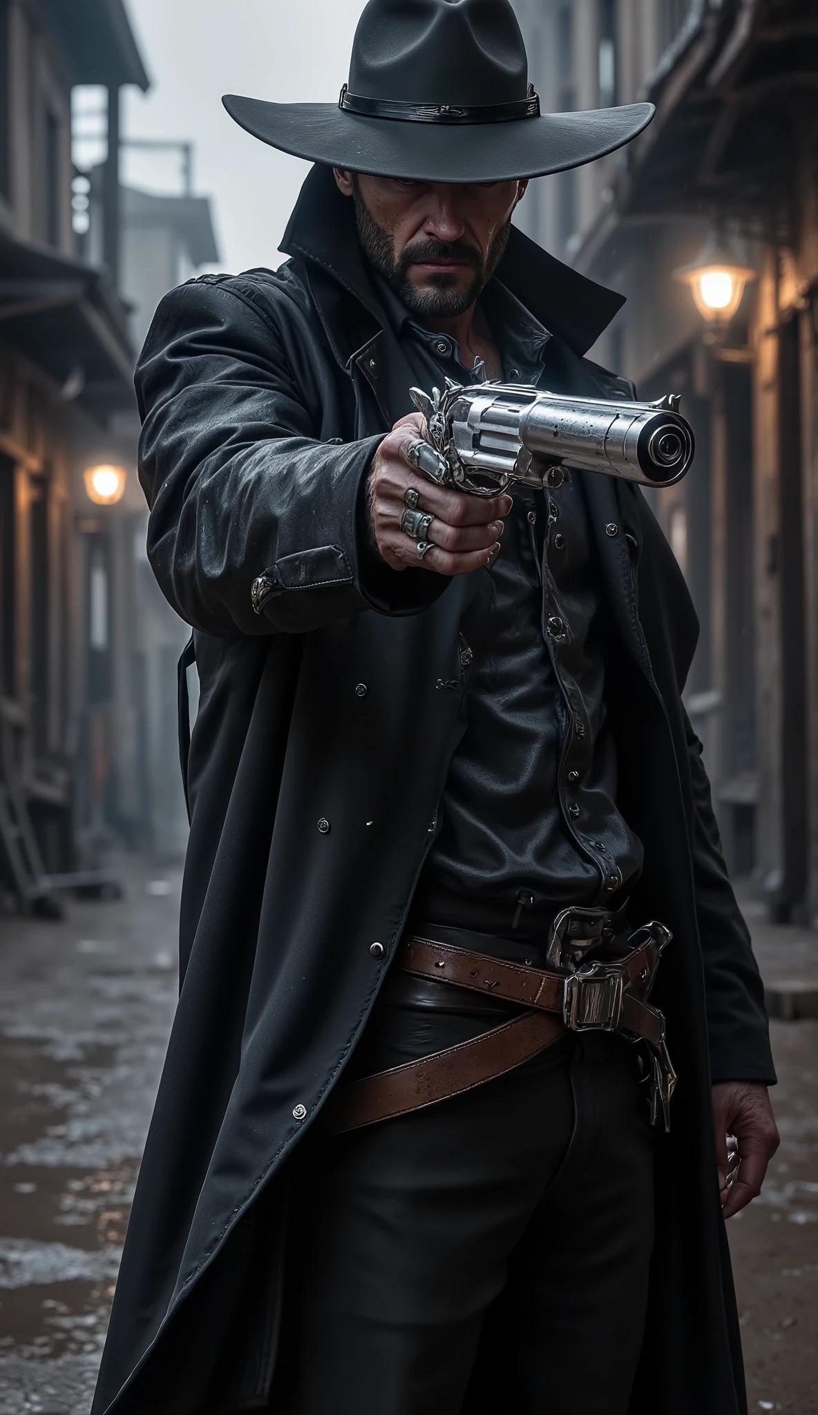 A hyperrealistic, cinematic ground-level shot of Jack Crowley, a rugged gunslinger with an unyielding gaze, standing in the shadow-soaked streets of a forgotten frontier town. He wears a long, dark leather overcoat that drapes heavily over his frame, and a wide-brimmed cowboy hat that casts jagged shadows across his sharp features. His eyes—intense, unwavering, and locked directly on the camera—are visible beneath the hat's brim, glimmering with cold determination even through the shadows.

In his right hand, Jack Crowley points a massive magnum revolver directly at the camera, its barrel dominating the foreground with hyperrealistic detail. Beads of rainwater cling to the metallic surface, catching faint flickers of light, while subtle smoke wisps curl from its muzzle, suspended in the damp, heavy air. His finger rests steadily on the trigger, muscles taut and ready.

The scene is shrouded in darkness, with a powerful backlight spilling from a distant streetlamp and cracks in saloon doors behind him, casting his silhouette in stark contrast. Rain falls steadily, drops caught mid-air, illuminated briefly as they pass through shafts of light. Fog clings low to the ground, swirling around his boots and softening the jagged edges of the cobblestone path beneath him. In the blurred background, broken windows and leaning wooden structures add to the sense of decay and danger.

The shot is framed with a Canon EOS 5D Mark IV using an 85mm f/1.2 lens — ISO 100, shutter speed 1/1000, aperture f/1.2. The configuration creates a razor-thin depth of field, isolating Jack Crowley’s face, his stare, and the magnum revolver in photorealistic clarity, while the background melts into deep shadows and mist.

Style: Hyperrealistic cinematic photography, dark Western atmosphere, dramatic silhouette, harsh backlight, ultra-detailed textures
Keywords: gunslinger silhouette, magnum revolver, pointing at the camera, direct stare, Western town, cinematic lighting, shallow depth of field, Ca