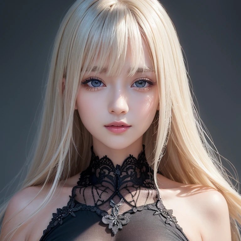 1 girl, alone, looking at the audience, Blonde with long hair, wearing a corset, Big Ass, Brown eyes, Upper Body, Gray background, Normal tits, Lips, actual, partkonigsreuter