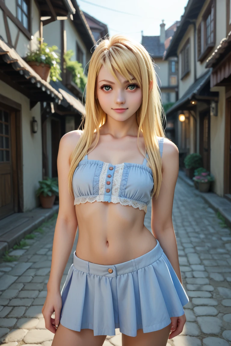 1girl irish, ahoge, bangs, bare_shoulders, belt, blonde_hair, blue_eyes, blush, breasts, long_hair, medium_breasts, shorts, solo, twintails, very_long_hair, rating:safe,