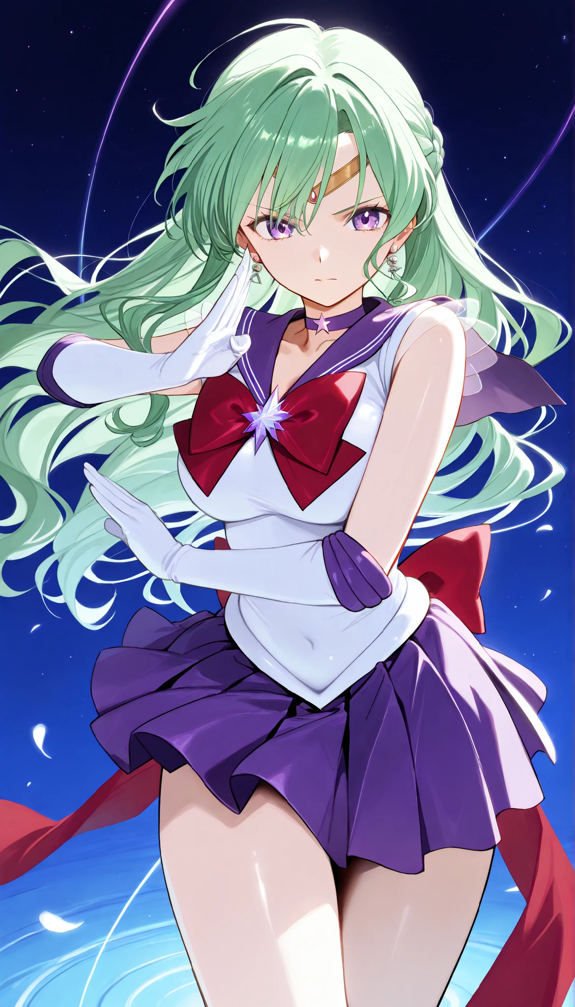 masterpiece, score_9, score_8_up, score_7_up, anime, pinup, Max Masterpiece, full twinkle, perfect face, best quality, high resolution, YakumoBase, 1girl, virtual youtuber, green hair, long hair, wavy hair, side braid, parted bangs, purple eyes, purple hairclip, standing, fighting stance, serious, large breasts, circlet, sailor senshi uniform, white shirt, sleeveless shirt, back bow, red bow, purple sailor collar, star brooch, white gloves, elbow gloves, star choker, purple skirt, pleated skirt, earrings, universe, beautiful galaxy,