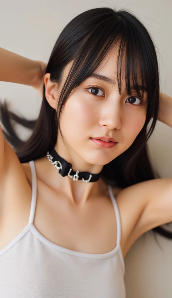triangle-bikini,(open mouth:1.5),(tongue out:2),Kneeling,Hands between legs,Black leash collar,leash pull,front view,face focus,from above(1girl,Beautiful 14 year old girl,teenager),((Slender,Small breasts,Small face,)),(looking at viewer),Black Hair,bangs,Poolside