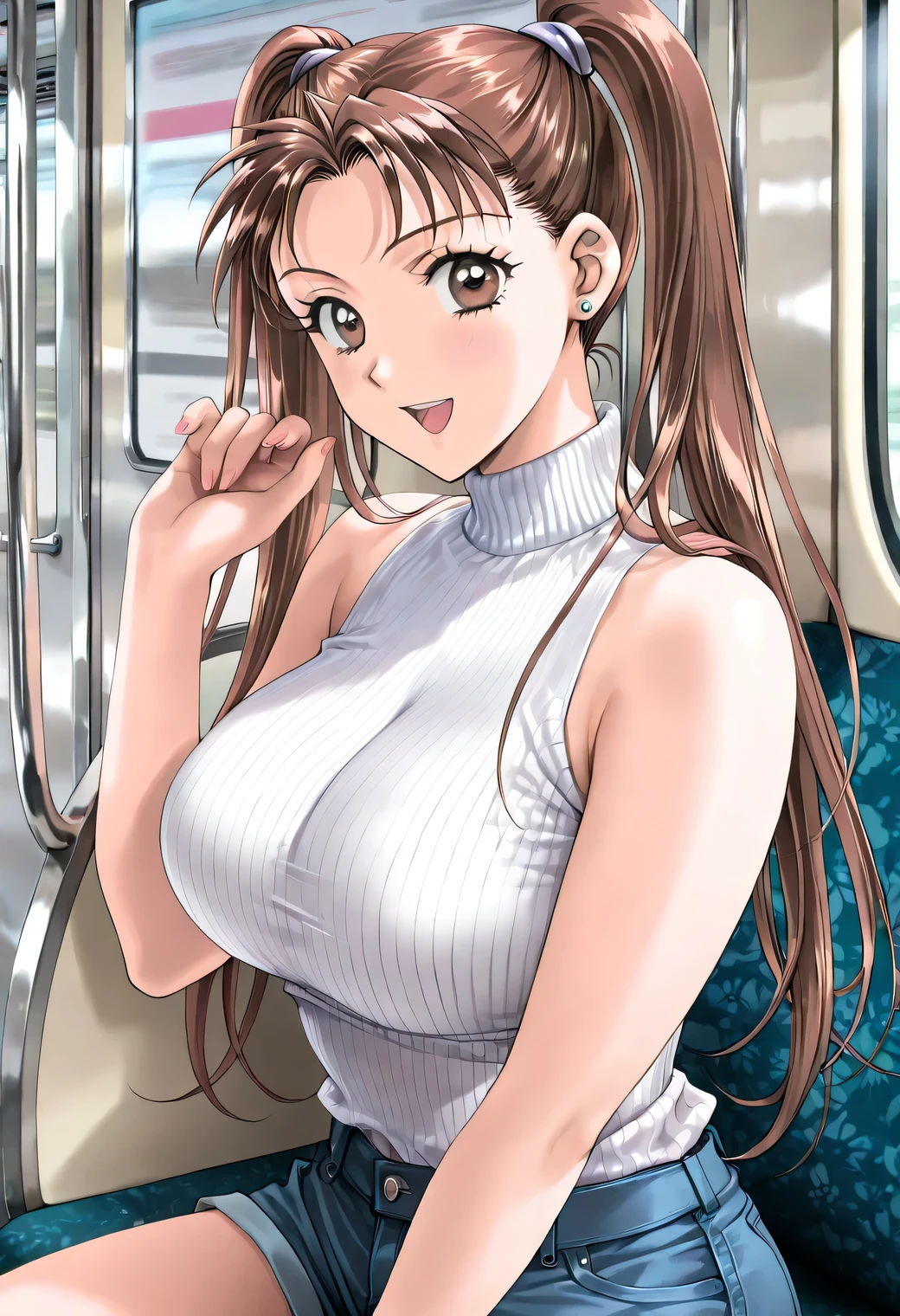 masterpiece, newest, lively, very aesthetic, high contrast, mature women who are rebellious to me,solo,((KanouRyouko, twintails, brown hair, long hair, brown eyes)),(white turtleneck summer sweater,sleeveless at the beach,DENIM SHORTS)), ((Big Breasts:1.4)), perfect hand in h, Perfect Anatomy,(charming smile,is laughing,open mouth),((legsonthetra1n, from side, sitting across from viewer, train interior)),Highest Quality, cowboy shot,semi-realistic, ,kadoi aya style, Fullmetal Alchemist anime style,