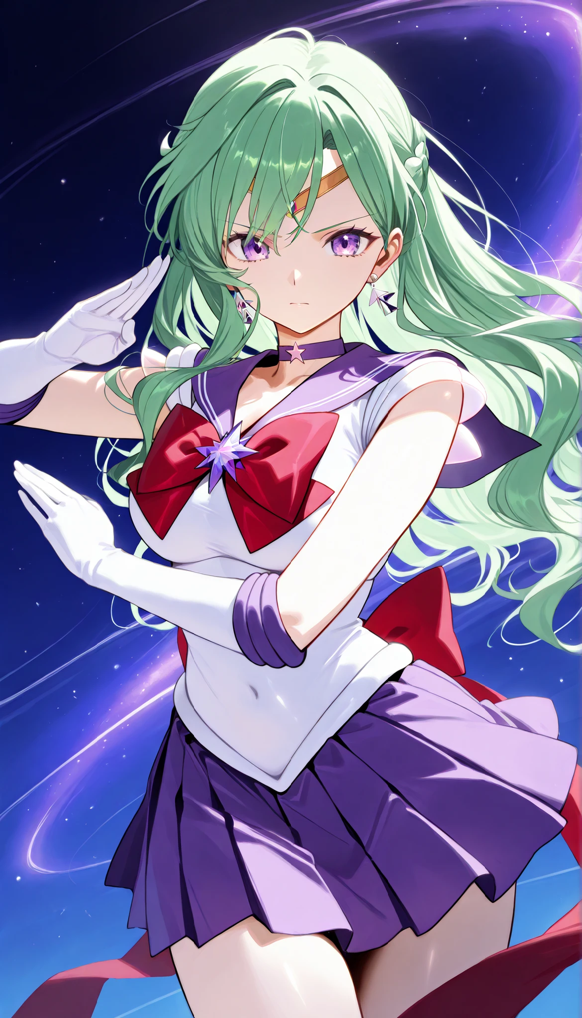masterpiece, score_9, score_8_up, score_7_up, anime, pinup, Max Masterpiece, full twinkle, perfect face, best quality, high resolution, YakumoBase, 1girl, virtual youtuber, green hair, long hair, wavy hair, side braid, parted bangs, purple eyes, purple hairclip, standing, fighting stance, serious, large breasts, circlet, sailor senshi uniform, white shirt, sleeveless shirt, back bow, red bow, purple sailor collar, star brooch, white gloves, elbow gloves, star choker, purple skirt, pleated skirt, earrings, universe, beautiful galaxy,