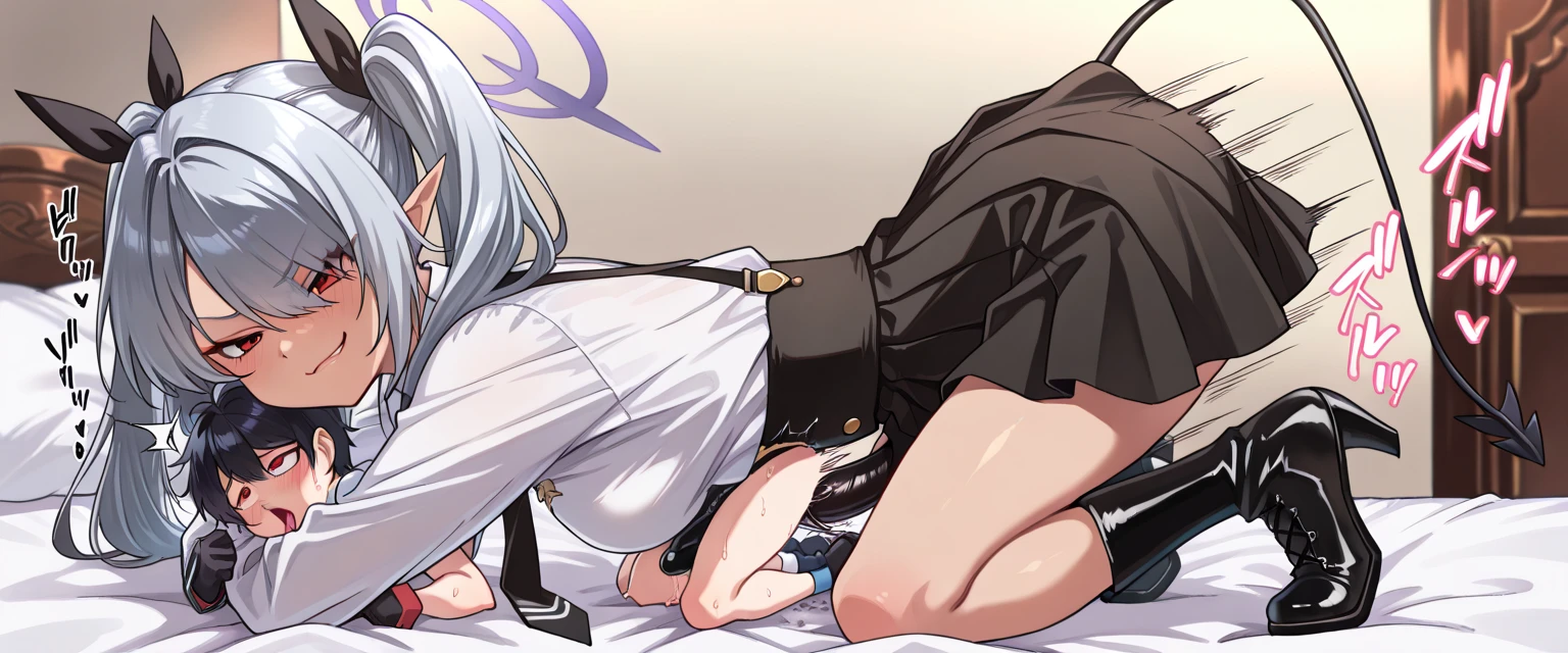 (man and woman kissing:1.6),, (masterpiece, Best Quality, high resolution, nffsw, Perfect Pixel, depth of fields, 4K), , Perfect body, , (boy and girl:1.6), (2 human in picture:1.6) boy on top, maou_misha, bangs, shirt, hair ornament, , hair between eyes, grey hair, white shirt, , long hair, collared shirt, breasts, ahoge, aqua eyes, short hair with long locks, jacket, large boob,,, , nsfw,(ecstasy:1.3) ,(slut:1.2),(vulgarity:1.3),(fucked silly:1.1),(steam:1.1),(wet:0.8),(trembling:0.8),(tears:0.7) ,(drooling:0.6),(sweat:0.8), wince,(orgasm:1.5), , (nipples:1.4), (boy fondle girl's breasts:1.6) , , (hardcore sex:1.6),