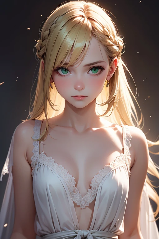 16-year-old girl，Light golden long hair，Aurora colored eyes，Long eyelashes，Unbelievably huge breasts，((3D anime style))，A revealing white ripped dress，Are crying，Iron Collar，