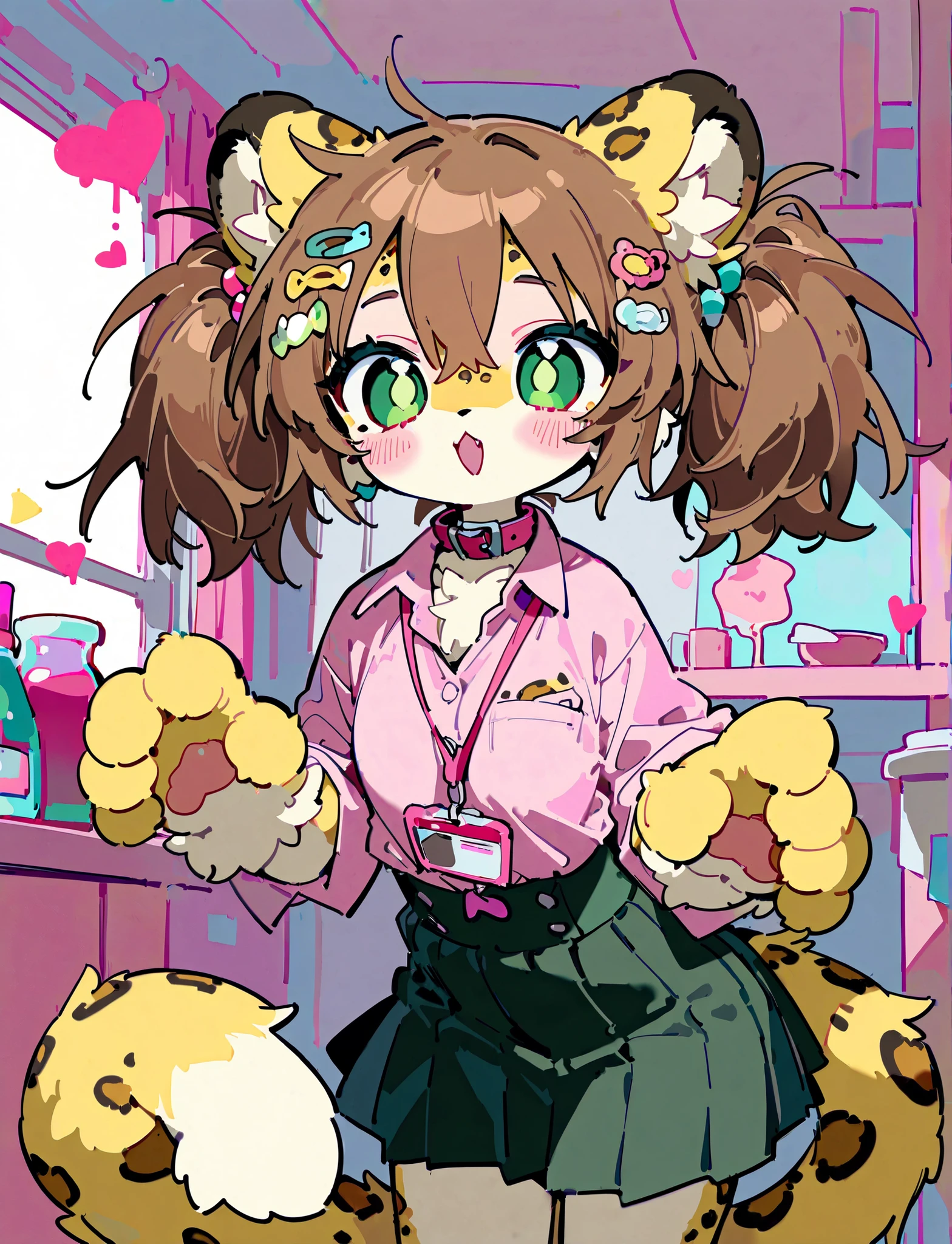 (masterpiece:1.3), (Highest Quality:1.3), (Super Detail:1.2), (very detailed skin:1.2), (finely detailed face:1.1), (Realistic Shadows:1.1),(Perfect Anatomy:1.1), detailed hands:1.1;detailed background;(1 girl:1.2); (solo:1.1); cute doodle , (improve:1.1), Japanese_face, is big_lips; pink_eye, brown_hair, Two_side_up, 前hair; evil_ green, green; (chest:1.2), chest元, wide_Hip, sexy; ( cute:1.1), Decora, Leopard_printing, improve_Costume, pleats_skirt for ears; (dynamic_Pose:1.1), dynamic_angle; pink_theme, pink_room, Detailed interruptions, expressive_face, like々like_style, fashion_concentrated, pastel_colors, fascinating_visual_impact