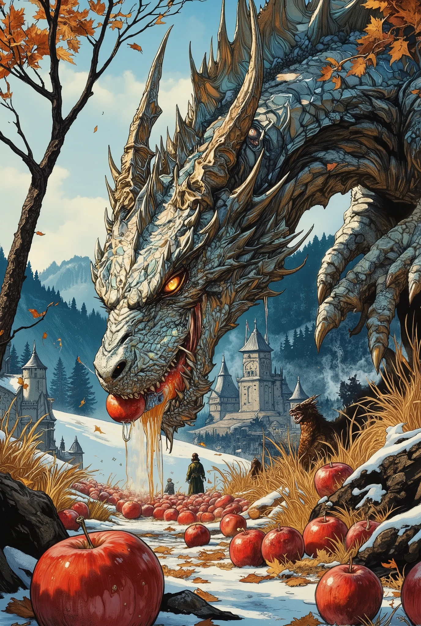 A low angle looking vertically up at the full—length figure of the huge final antagonist - a huge, terrifyingly beautiful fantastic dragon covered with iridescent mirrored holographic scales that shimmer brightly in the sun. He is pictured in the garden in late autumn. A drunken, satisfied dragon eats frozen red apples. His massive jaws are actively gnawing red apples. When he chews, steam escapes from his nostrils, mixing with the cold autumn air. His amber eyes are gleaming with satisfaction, and his eyelids are heavy from the drowsiness caused by eating. Apple juice drips down his huge muzzle. The toothy mouth is full of apples. There are apples everywhere. On the half-fallen branches of old gnarled apple trees, on the frozen grass, sometimes covered with snow. The monster is as relaxed as possible and ready to fall asleep. The huge fantastic dragon looks both organic and delightfully predatory: a long curved head with moist, smooth, shimmering scales. The body is elongated, with powerful paws with thick claws. The back is covered with spikes or tubular appendages that emit steam. Mother-of-pearl wings with membranes flutter in the strong autumn wind. A beautiful autumn garden is depicted in the background. Wooded hills and a knight's castle are visible in the distance. The sky is bluish blue, autumnal, and autumn leaves are flying everywhere. Natural lighting: with backlight, with side lighting. Style: cinematic, fantasy, stylized. detailed design. Stylized, semi-realistic, highly detailed digital art.