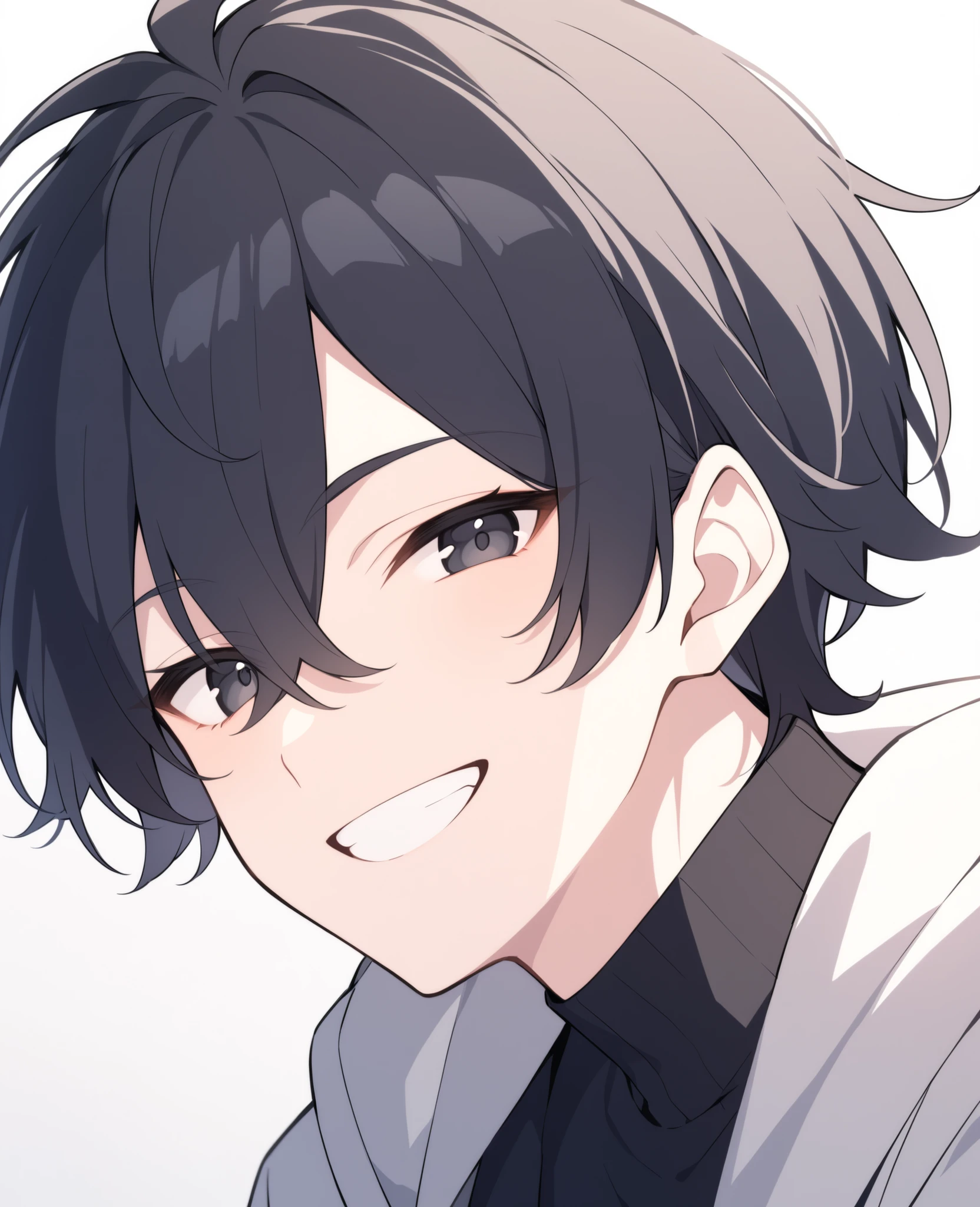 Boy, black eyes, medium black hair, attractive looks, smiling,