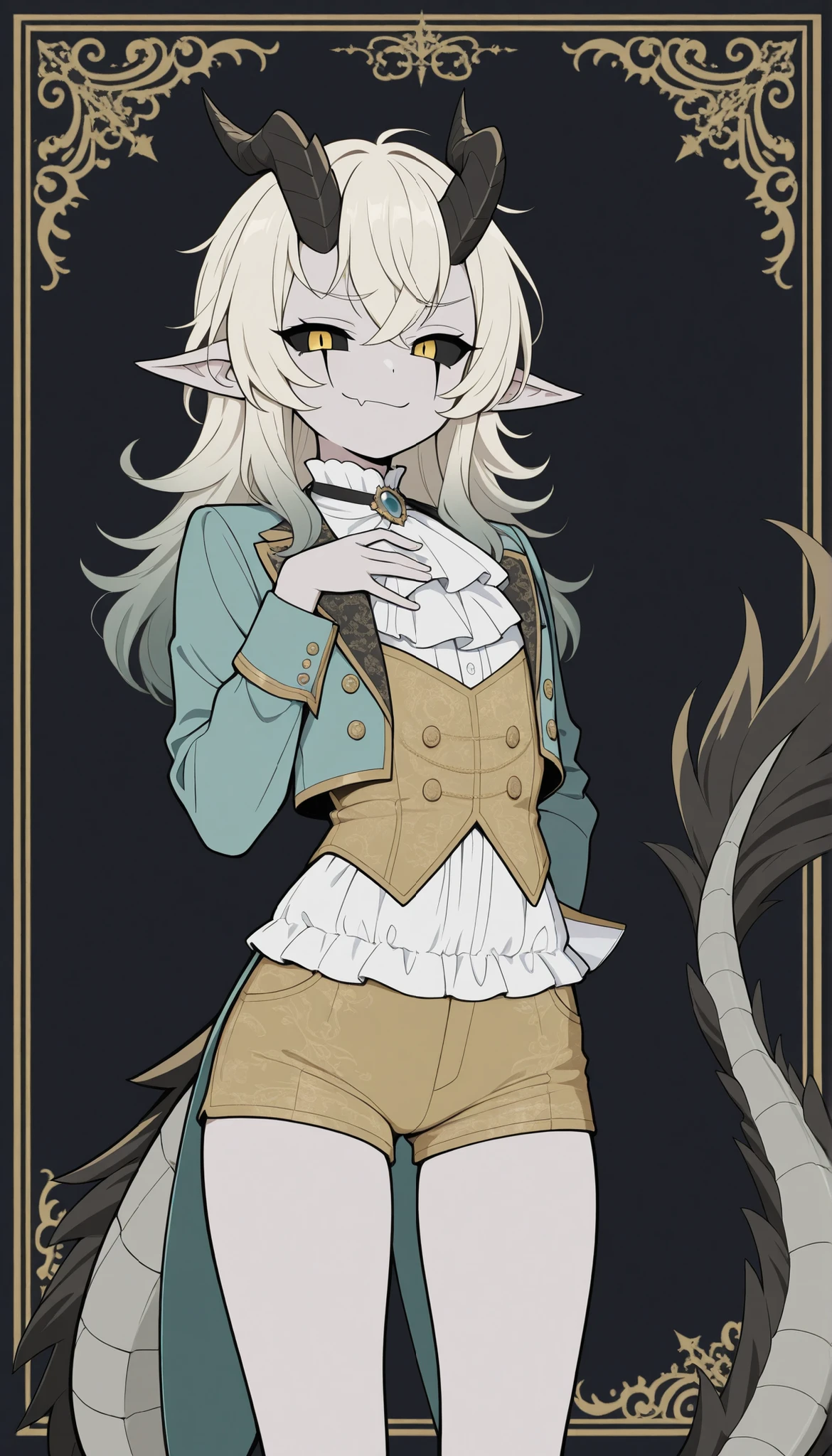High quality photos , Очень подробная иллюстрация High quality photos ,ultra detailed illustration , ( Half Dragon Boy:1,7), big scaly tail, beautiful horns, medium length careless dirty hair, completely black eye sclera, black irises, gold strokes in the eyes, gold patterns , smug , a femboy, (sloppy thick pastel hair:1,7), slim, perfect body , Artifyber style , pastel flat colors, wings, victorian fantasy clothing, shorts, elegant outfit, tailcoat