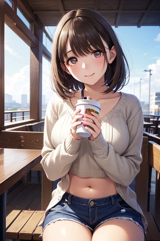 a young woman sitting at an outdoor cafe terrace, holding a cup with both hands and taking a sip of coffee, warm sunlight, natural expression, soft smile, wearing a stylish crop top and light cardigan, golden hour lighting, realistic photography, shallow depth of field, candid moment, photo taken on iPhone style
, , 、，..



,( masterpiece, best quality, high resolution, ultra high resolution, pixel perfect, depth of field, 4K, RTTX10.0),
、Anegasaki Nene, shiny brown hair, beautiful brown eyes, smiling face, sparkling pupils, (fine grain), , highly detailed face,, (masterpiece:1.2, best quality), ((only1 girl)), ((cowboy shot))