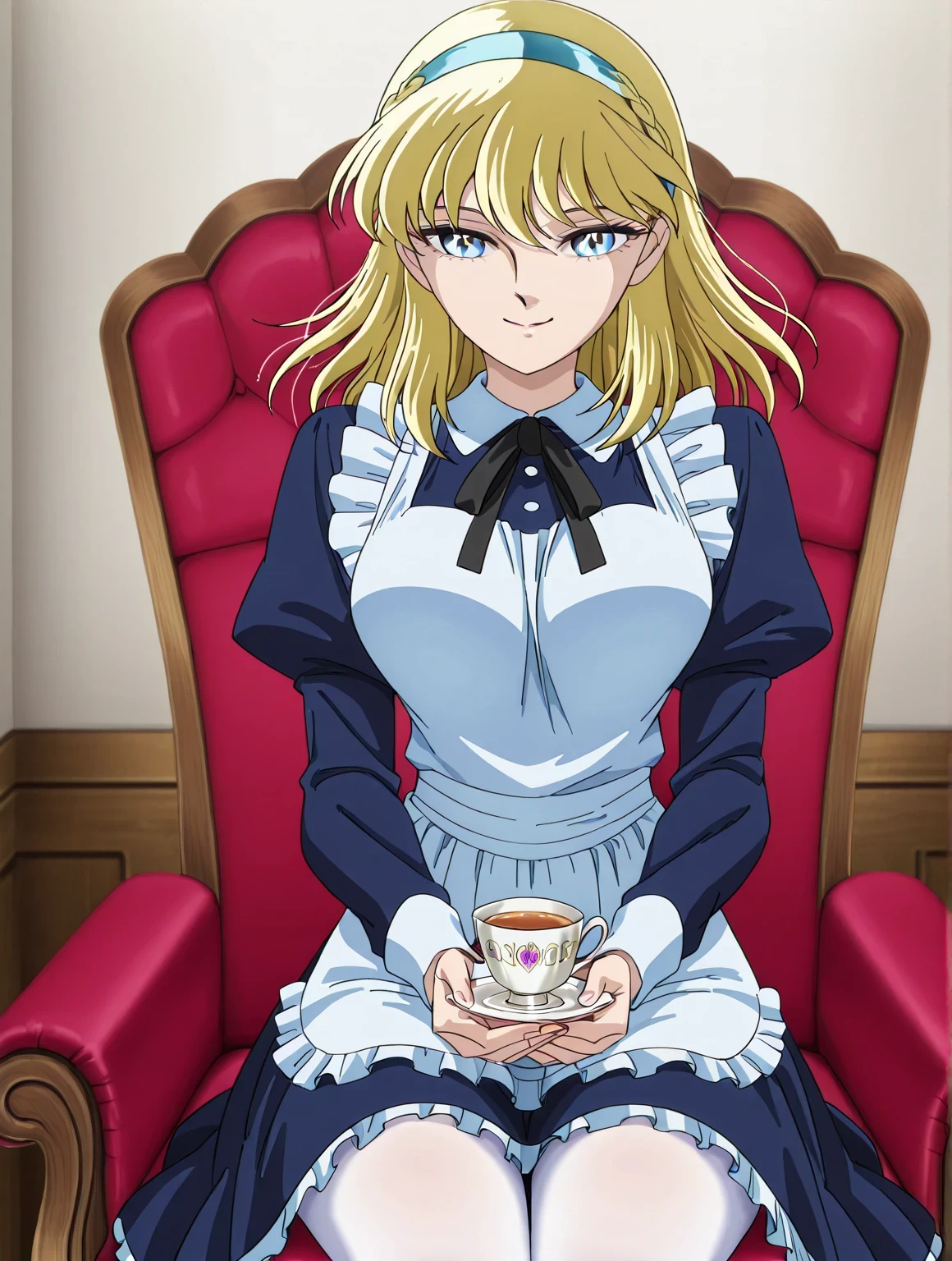 score 9 、score 8 up、score 7 up、source anime、傑作、最高品質、高解像度、1girl、mii、anime girl with a cup of black tea and a cake、solo、変化 in dress、( maid ) 、portrait of 変化ta、blonde hair、long hair、blue eyes、french braid、crown braid、blue hairband、クラシック少女、beautiful anime Girl sitting on chair、色付きスケッチアニメマンガパネル、2000年代のアニメの芸術スタイル、big breasts、large breasts、blue maid uniform、white pantyhose、変化、お上品な雰囲気、slender body、screen cap、long sleeves、official anime art style、ボーウォーターの芸術スタイルで、anime girl in a maid costume、魅惑的なアニメの女の子ime screencap、looking at viewer、cowboy shot、elegant smile、girl focus、高品質カラースケッチ、アニメ萌えアートスタイル 、厳かな服装を着て、(anime 女の子)、美ニメのポートレート、an anime 女の子、elegaanime girl、beautiful anime girl、アニメペインタースタジオで作成、アニメチンコ!!!!、アニメ画家のスタジオで描いた、real anime art style、digital anime art!!、