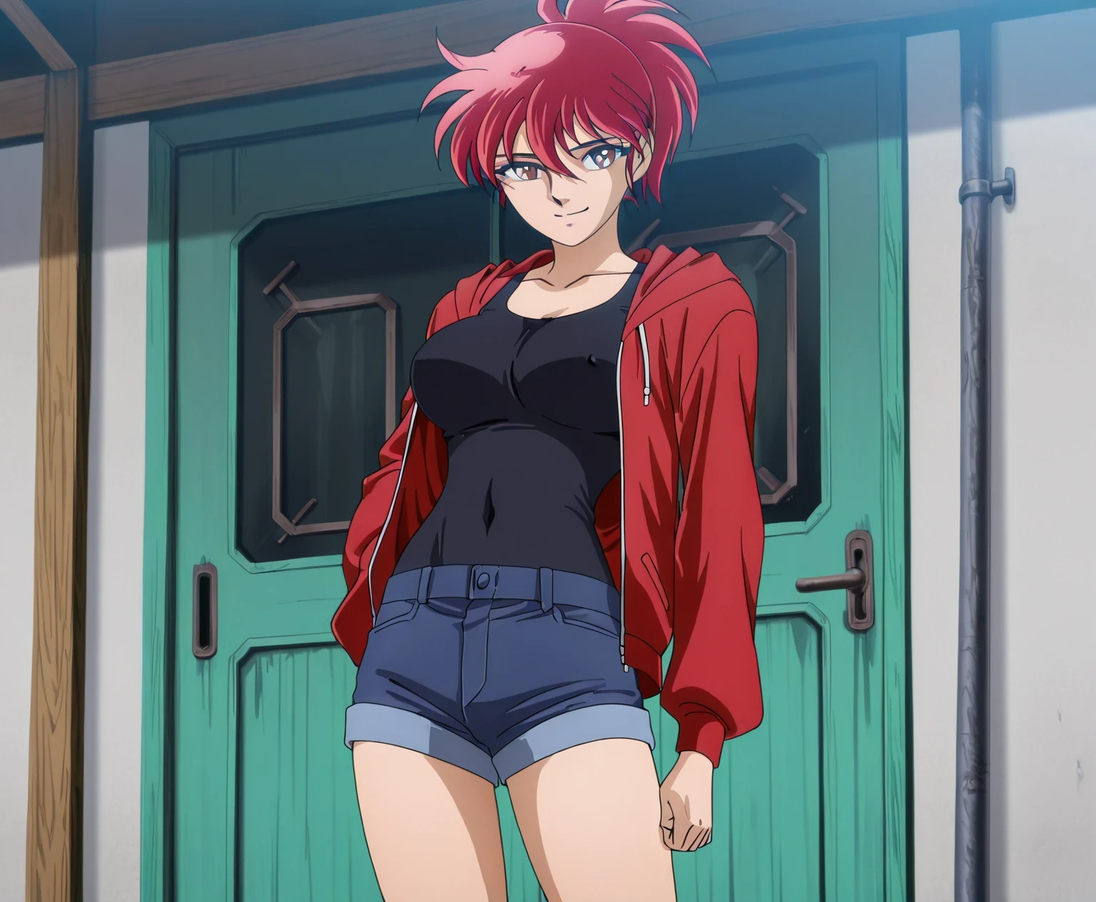 score 9 , score 8 up, score 7 up, source anime, masterpiece, Highest Quality, high definition, 1girl, shouko, red haired anime girl, solo, Classic Girl, Vibrant, girl, created by Anime Painter Studio, handsome, Girl Romance , brave, anime style, ponytail hair, medium hair, hair between eyes, red hair, A faint smile, bangs, brown eyes, Visual Novel, official anime art style, colored sketch anime manga panel, muscular girl, 2000s Anime Art Style , collarbone, big breasts, large breasts, Anime/Manga, Painted in an anime artist's studio, In anime style, feminine and muscular, screen cap, outfit:red jacket, hoodie, black tank top, Lift up to slightly erect nipples, Detachable Outfit, jacket sleeve with an long sleeve, girl is wearing a blue denim shorts, under tank top, Anime dick!!!!, skin tight tank top, jacket under tank top, Painted in an anime artist's studio, plain tank top, real anime art style, digital anime artstyle!!, basic tank top, bare legs, in Bowwater art style, 魅惑的なアニメのgirl, anime screencap, looking at viewer, cowboy shot, girl focus, standing, outdoors, tomboy atmosphere, a manly girl, boyish atmosphere,