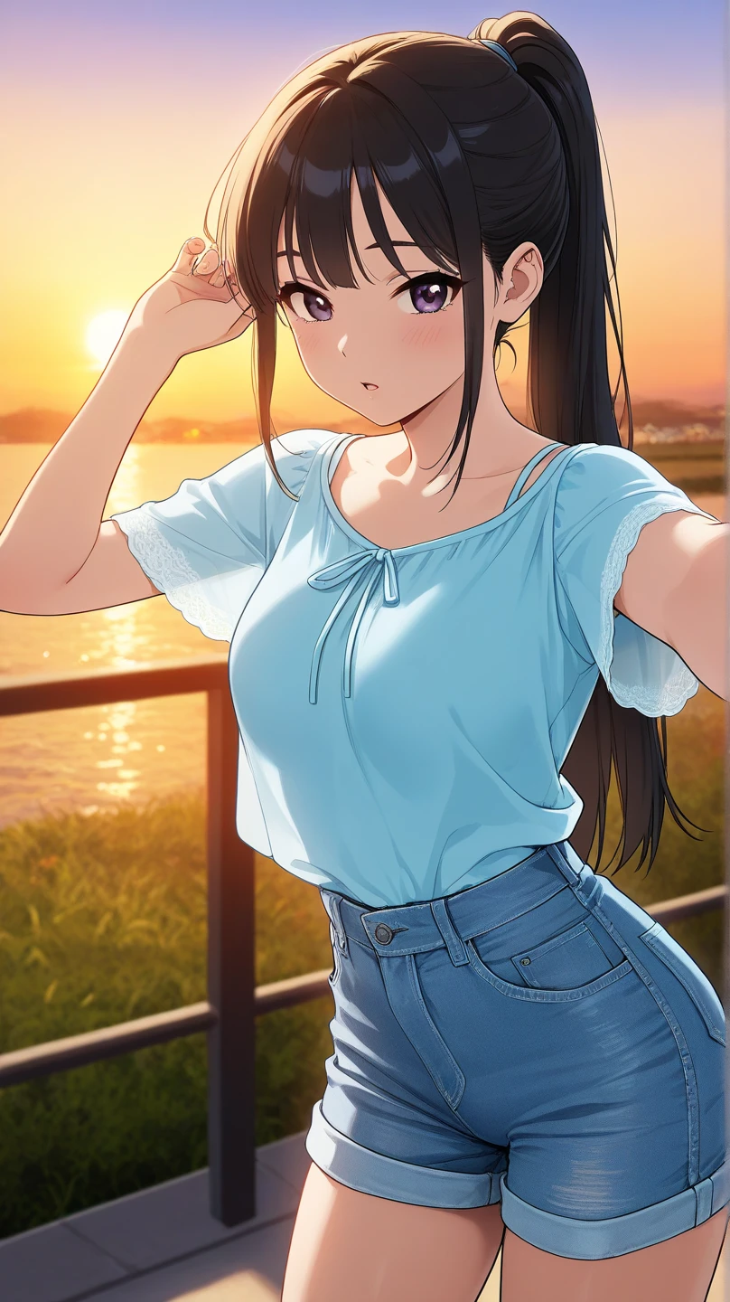 high resolution photo, Best image quality, amazing quality, official art,  masterpiece, Korean woman in her 20s,  very beautiful, Beautiful big sapphire eyes, long black straight hair, ponytail, light blue summer blouse top, Vintage blue jeans shorts,  Innocence , maturity, big , A beautiful view of the sunset, Selfie