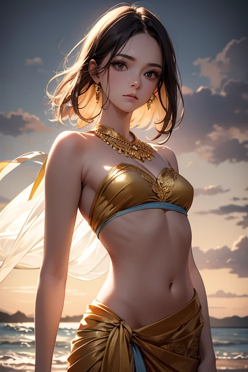 This girl with a slim and perfect body is called Neferi. She is a 15-year-old girl and has an elegant and regal appearance.. Her long, dark hair is braided with golden beads and adorned with ostrich feathers.. She wears a short white linen tunic with gold embroidery open from the front showing her beautiful thighs and hips. She also wears a royal blue linen cape..
Phenotype: His almond-shaped eyes are an intense amber color., and his skin is a warm tone, like the sand of the desert and shows off her perfect body and large, beautiful and firm breasts, Neferi Girl is brave and strategic. hot girl, back angle